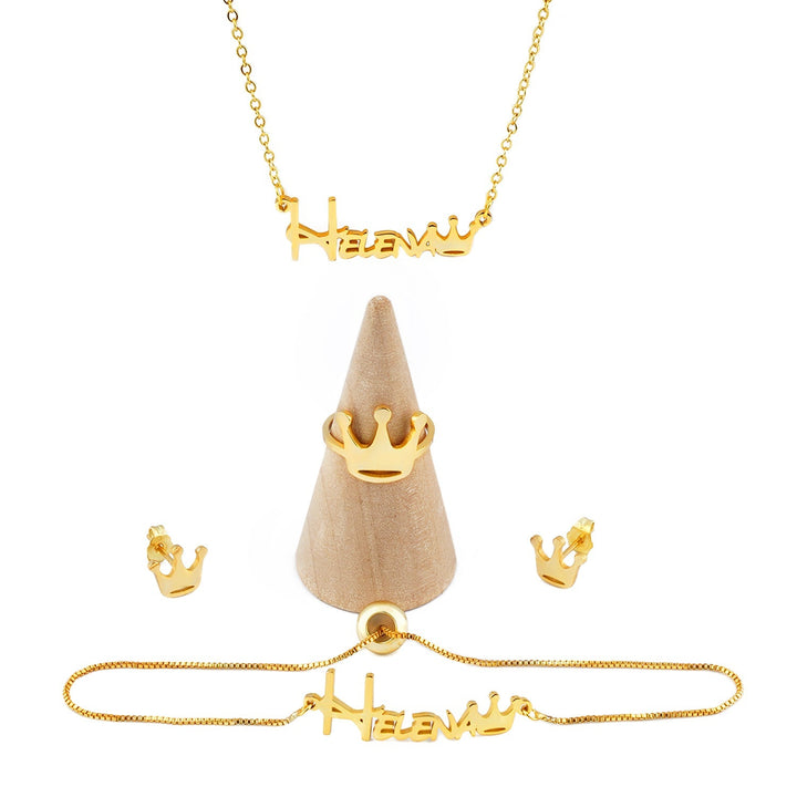 Crown Style Gold Personalized Baby Name Jewelry Set (Baby Necklace, Bracelet, Earrings and Ring Set）