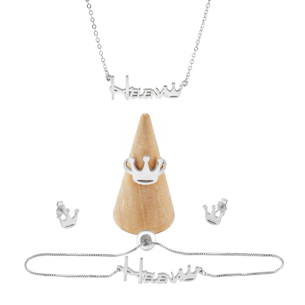 Crown Style Silver Personalized Baby Name Jewelry Set (Baby Necklace, Bracelet, Earrings and Ring Set）