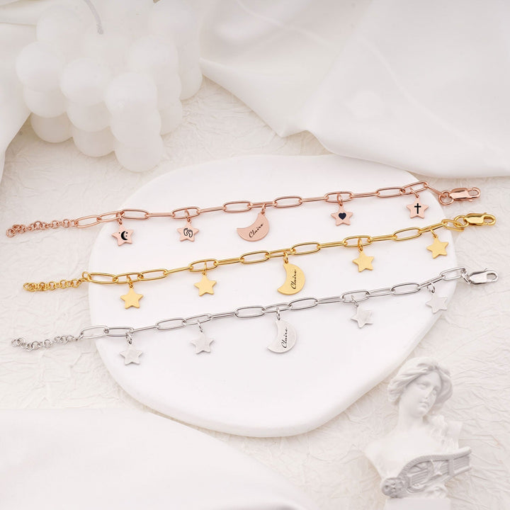 Star and moon charm engravable name kids bracelet with up to 4 engraved elements