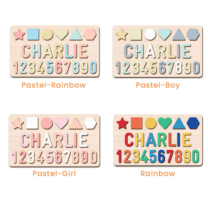 Personalized Numbers And Shapes Wooden Name Puzzle - Color Options