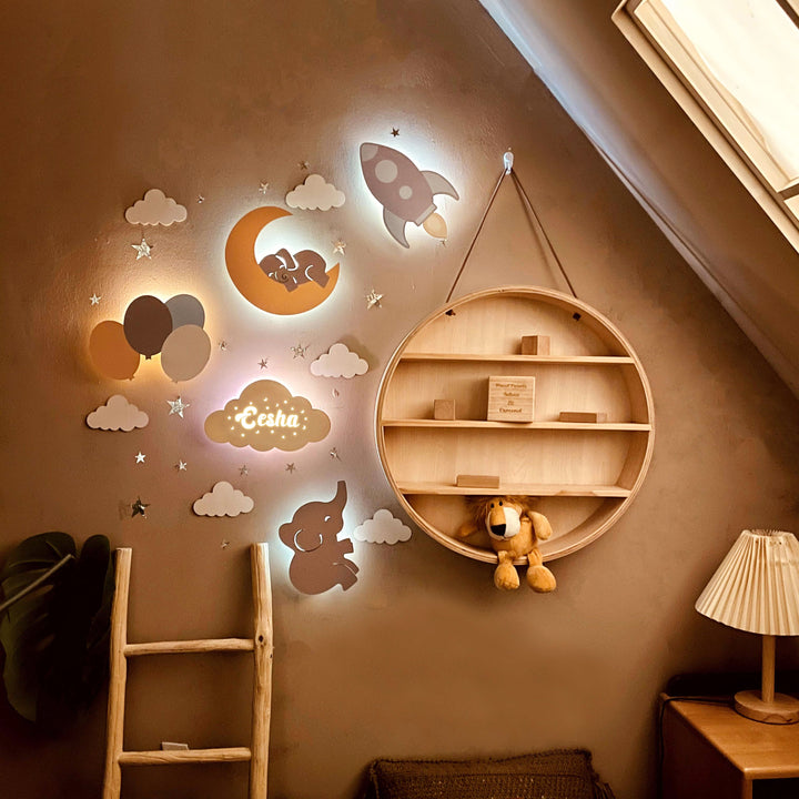Wooden Baby Name Room Wall Light Set - 5 Pcs - Boys Color