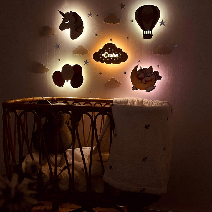 Personalized Wooden Baby's Room Wall Light Set - 5 Pcs - Girls Color