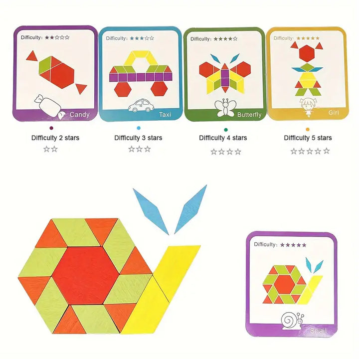 Montessori toys - Wooden Pattern Blocks Set Geometric Shape Jigsaw Puzzle